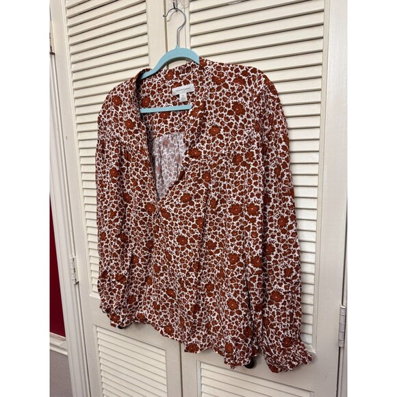 TREASURE & BOND Brown & Beige Shirred Floral V-neck Blouse w Shirt Tail Sz 3X - Picture 2 of 6